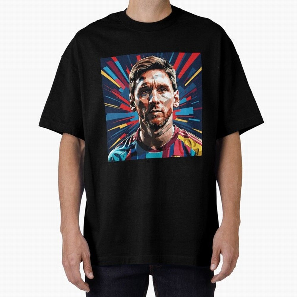 Lionel Messi Pop-Art Portrait Oversized T-Shirt Show Your Love for Global Football Passion for FIFA World Cup 2026, Driven by CR7 and Messi, England, Football Festival Excitement, Trophy Ambitions, Country Rivalries and Star Player Buzz; Great for