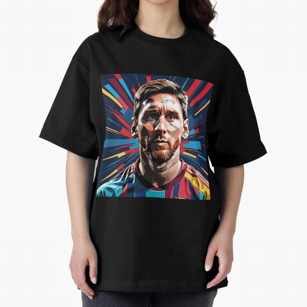 Lionel Messi Pop-Art Portrait Oversized T-Shirt Show Your Love for Global Football Passion for FIFA World Cup 2026, Driven by CR7 and Messi, England, Football Festival Excitement, Trophy Ambitions, Country Rivalries and Star Player Buzz; Great for
