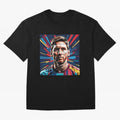 Lionel Messi Pop-Art Portrait Oversized T-Shirt Show Your Love for Global Football Passion for FIFA World Cup 2026, Driven by CR7 and Messi, England, Football Festival Excitement, Trophy Ambitions, Country Rivalries and Star Player Buzz; Great for