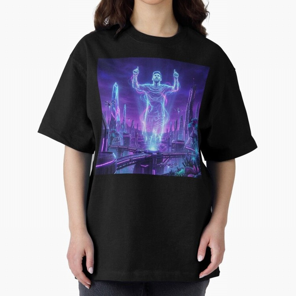 Lionel Messi (GOAT) Hologram in Futuristic Cyberpunk City (Version 2) Classic T-Shirt Bring Legendary Rivalry Energy to FIFA World Cup 2026 Group Stage for Fans of Cristiano Ronaldo and Portugal, Spain and Germany, Bringing Match Day Excitement,