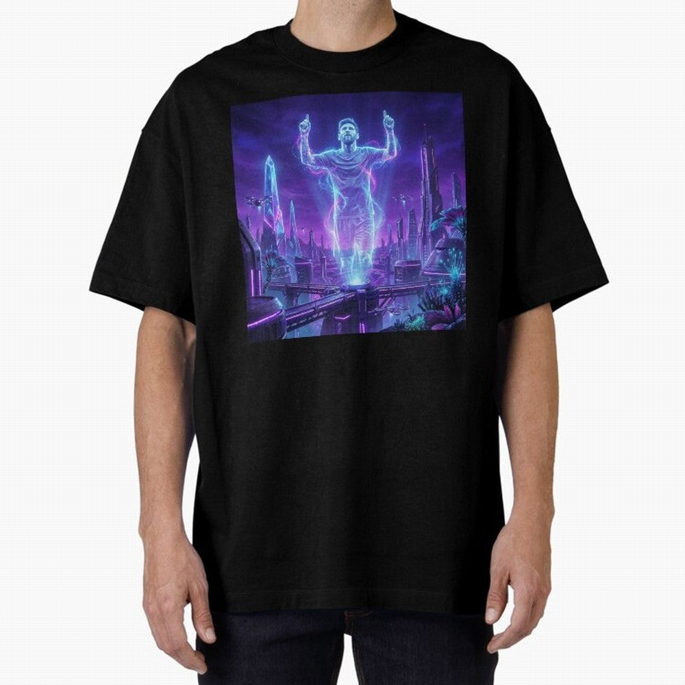 Lionel Messi (GOAT) Hologram in Futuristic Cyberpunk City (Version 2) Classic T-Shirt Bring Legendary Rivalry Energy to FIFA World Cup 2026 Group Stage for Fans of Cristiano Ronaldo and Portugal, Spain and Germany, Bringing Match Day Excitement,