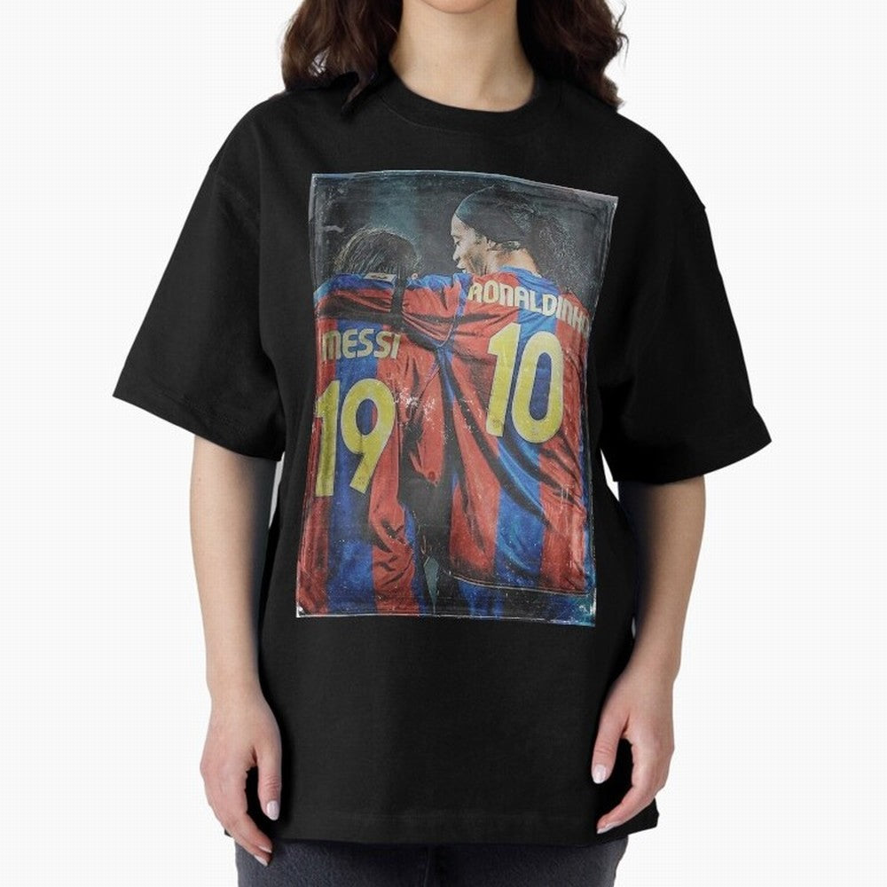 Messi and Ronaldinho Oversized T-Shirt Feel the Trophy Chase of Global Football Passion for FIFA World Cup 2026 USA Canada Mexico, Capturing Haaland, England, France and Netherlands, Worldwide Fan Energy, Dramatic Goals, Stadium Lights and