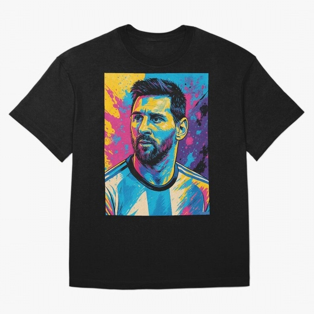 Messi Pop Art Portrait Oversized T-Shirt Represent Match Day Hype around FIFA World Cup 2026, Haaland and Mbappe, England and Germany, Championship Spirit, Famous Goals, Roaring Crowds and International Football Unity; Ideal for Football Dads,