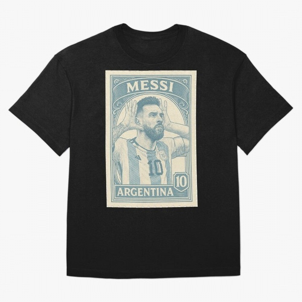 Lionel Messi Vintage Stamp Poster ¨C Argentina #10 Retro Football Art ¨C Barcelona Legend Illustration Classic T-Shirt Celebrate the Stars of FIFA World Cup 2026 USA Canada Mexico for Fans of Cristiano Ronaldo, Haaland and CR7 and Argentina,
