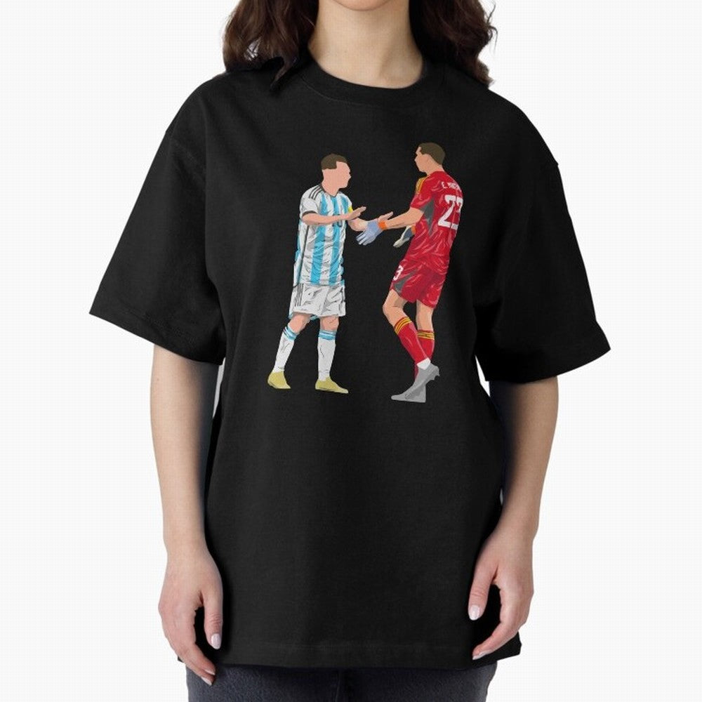 Messi and Martinez Celebrates World Cup 2022 Oversized T-Shirt Experience the Global Stage of FIFA World Cup 2026 USA Canada Mexico Featuring Haaland and Mbappe, Argentina and Brazil Energy, Championship Spirit, Famous Goals, Roaring Crowds and