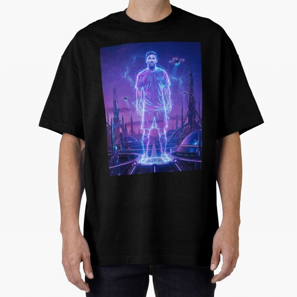 Lionel Messi (GOAT) Hologram in Futuristic Cyberpunk City (Version 4) Classic T-Shirt Keep the Match Day Mood of Global Football Passion for FIFA World Cup 2026 Group Stage, Capturing Messi, Portugal, Spain and Germany, Goal Celebration Energy,