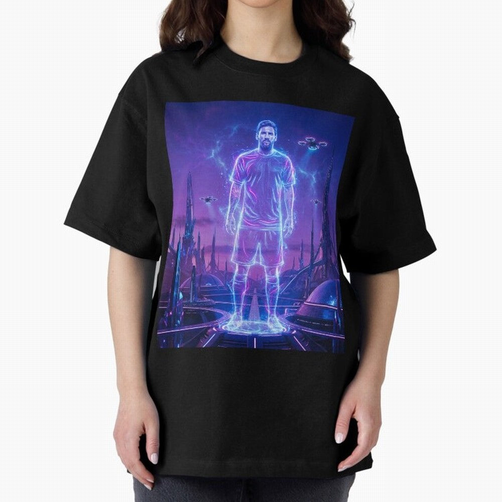 Lionel Messi (GOAT) Hologram in Futuristic Cyberpunk City (Version 4) Classic T-Shirt Keep the Match Day Mood of Global Football Passion for FIFA World Cup 2026 Group Stage, Capturing Messi, Portugal, Spain and Germany, Goal Celebration Energy,