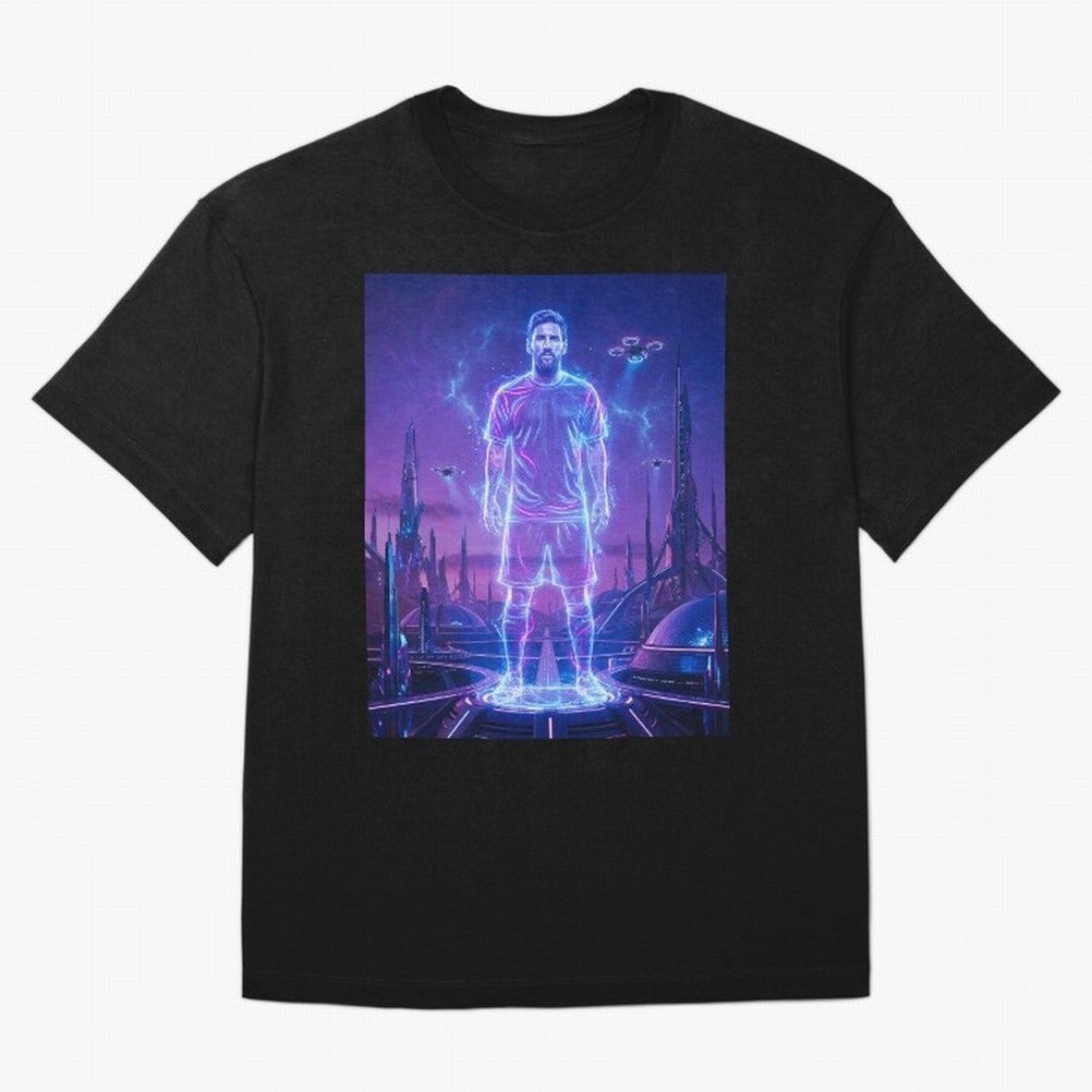 Lionel Messi (GOAT) Hologram in Futuristic Cyberpunk City (Version 4) Classic T-Shirt Keep the Match Day Mood of Global Football Passion for FIFA World Cup 2026 Group Stage, Capturing Messi, Portugal, Spain and Germany, Goal Celebration Energy,