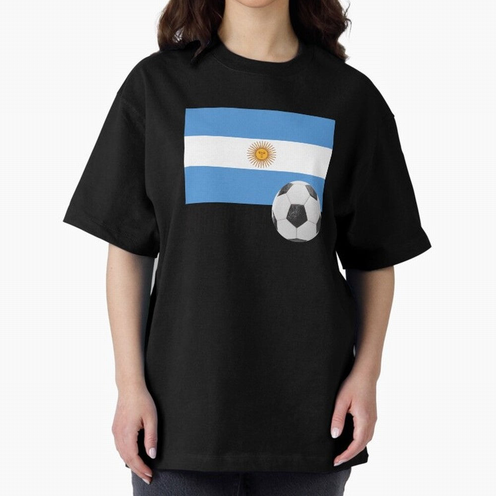 Flag of Argentina with a Football Oversized T-Shirt Remember Iconic Moments from FIFA World Cup 2026 Spirit, Connected to Spain, Cristiano Ronaldo, Vintage Soccer Flavor, Modern Football Stars, National Flags and Final Night Emotion; Created for