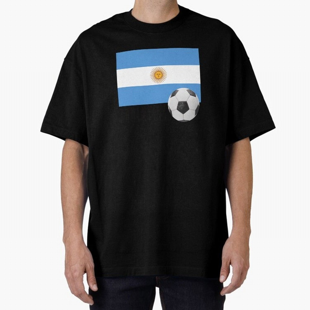 Flag of Argentina with a Football Oversized T-Shirt Remember Iconic Moments from FIFA World Cup 2026 Spirit, Connected to Spain, Cristiano Ronaldo, Vintage Soccer Flavor, Modern Football Stars, National Flags and Final Night Emotion; Created for