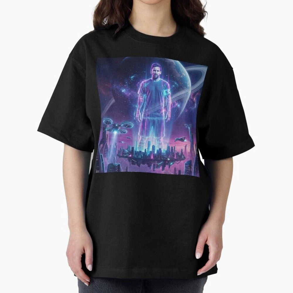 Lionel Messi (GOAT) Hologram in Futuristic Cyberpunk City (Version 3) Classic T-Shirt Bring Champion Energy into FIFA World Cup 2026 USA Canada Mexico for Fans of Messi and Cristiano Ronaldo and England, France and Netherlands, Bringing