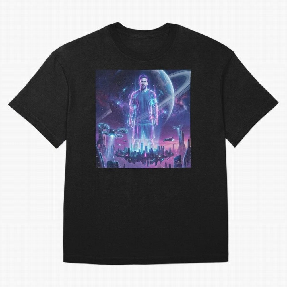 Lionel Messi (GOAT) Hologram in Futuristic Cyberpunk City (Version 3) Classic T-Shirt Bring Champion Energy into FIFA World Cup 2026 USA Canada Mexico for Fans of Messi and Cristiano Ronaldo and England, France and Netherlands, Bringing