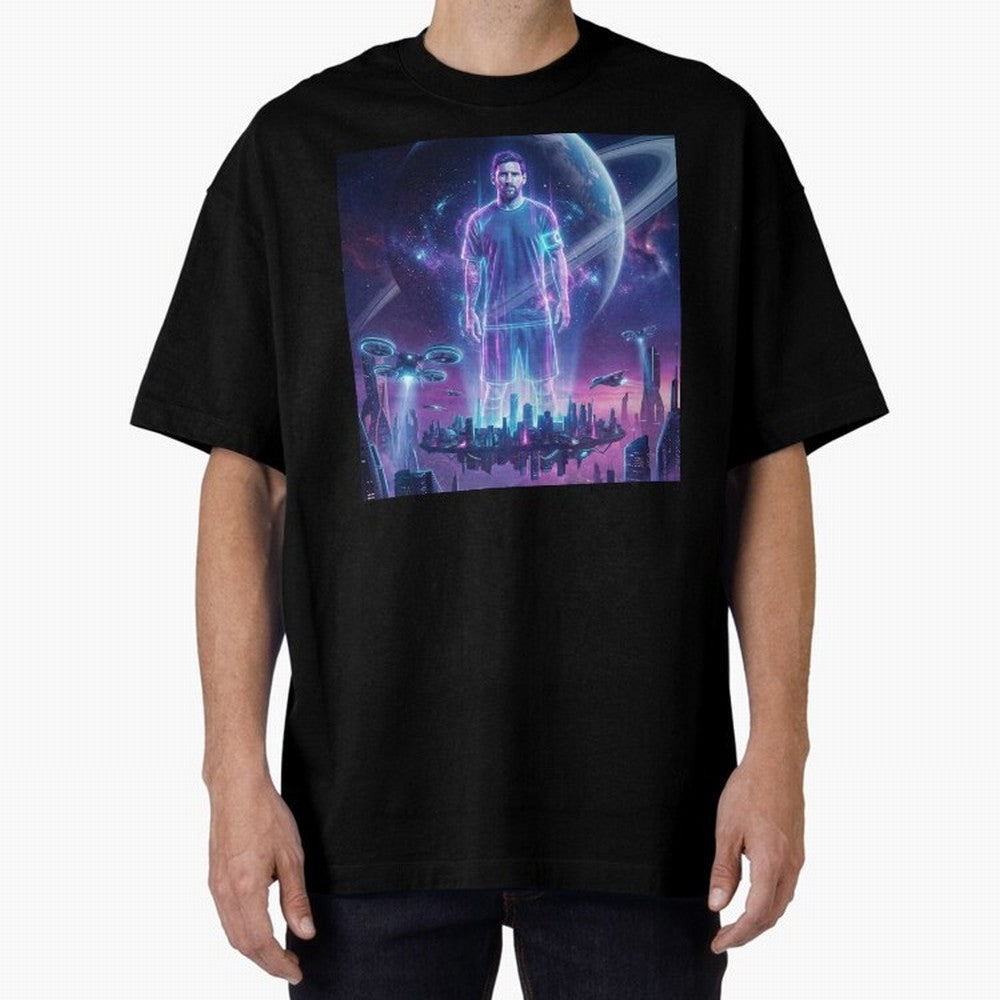 Lionel Messi (GOAT) Hologram in Futuristic Cyberpunk City (Version 3) Classic T-Shirt Bring Champion Energy into FIFA World Cup 2026 USA Canada Mexico for Fans of Messi and Cristiano Ronaldo and England, France and Netherlands, Bringing