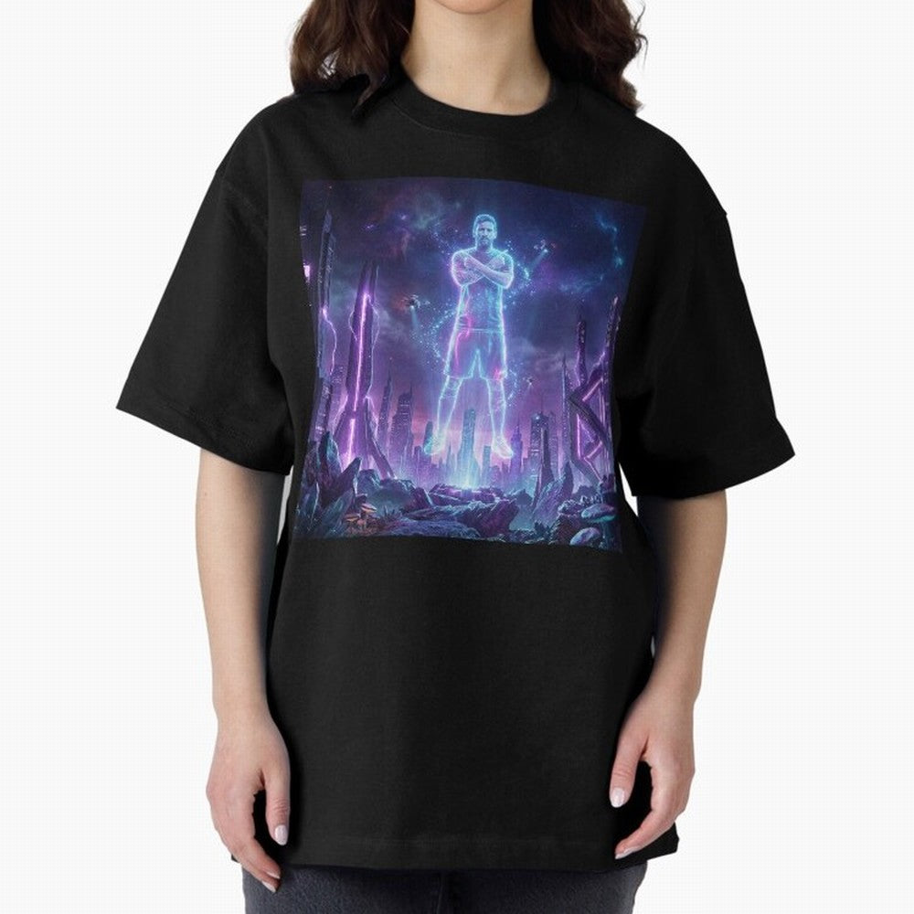 Lionel Messi (GOAT) Hologram in Futuristic Cyberpunk City Classic T-Shirt Create FIFA World Cup 2026 Group Stage for Fans of Messi, Neymar and Mbappe and Argentina and Brazil, Bringing Football History, Final Match Energy, Crowd Noise and Once in a