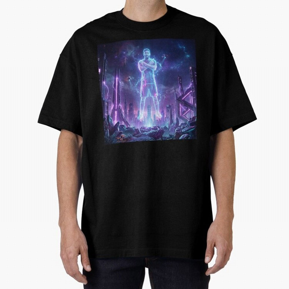 Lionel Messi (GOAT) Hologram in Futuristic Cyberpunk City Classic T-Shirt Create FIFA World Cup 2026 Group Stage for Fans of Messi, Neymar and Mbappe and Argentina and Brazil, Bringing Football History, Final Match Energy, Crowd Noise and Once in a