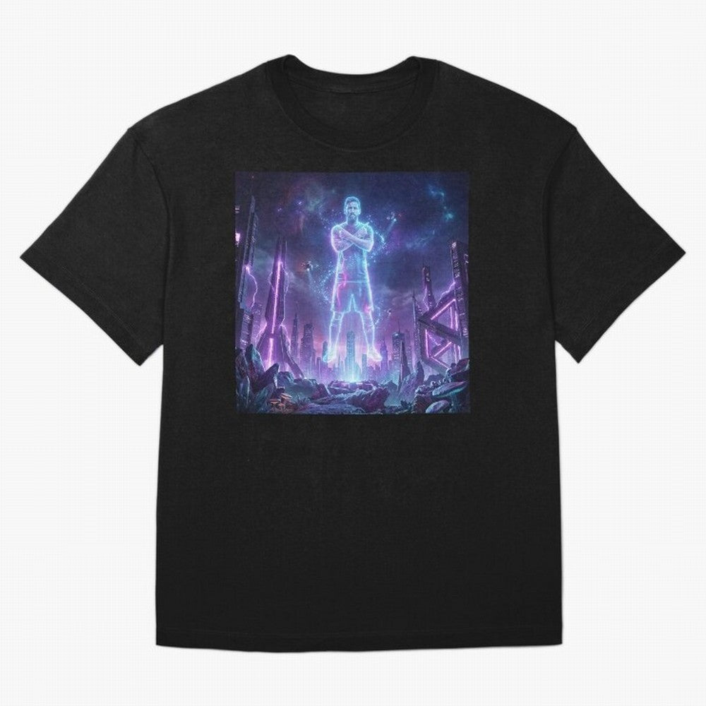 Lionel Messi (GOAT) Hologram in Futuristic Cyberpunk City Classic T-Shirt Create FIFA World Cup 2026 Group Stage for Fans of Messi, Neymar and Mbappe and Argentina and Brazil, Bringing Football History, Final Match Energy, Crowd Noise and Once in a