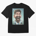 Lionel Messi Caricature Art with Autograph Oversized T-Shirt Turn Up for FIFA World Cup 2026 Spirit, Centered on Argentina, Cristiano Ronaldo, Vintage Soccer Flavor, Modern Football Stars, National Flags and Final Night Emotion; Created for Match
