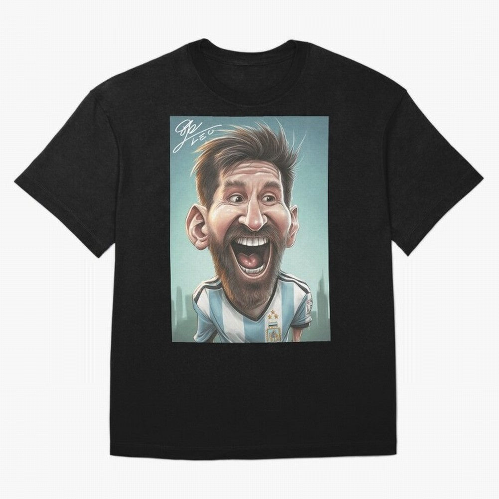 Lionel Messi Caricature Art with Autograph Oversized T-Shirt Turn Up for FIFA World Cup 2026 Spirit, Centered on Argentina, Cristiano Ronaldo, Vintage Soccer Flavor, Modern Football Stars, National Flags and Final Night Emotion; Created for Match