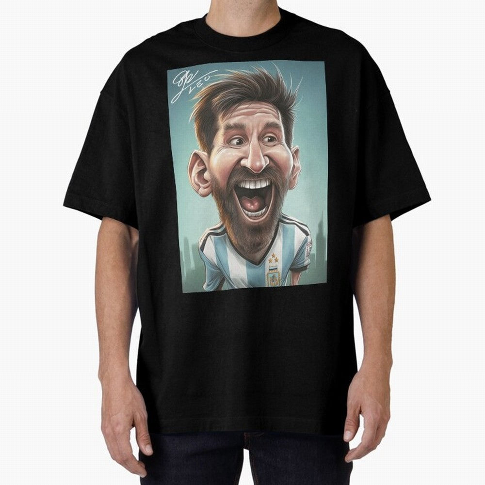 Lionel Messi Caricature Art with Autograph Oversized T-Shirt Turn Up for FIFA World Cup 2026 Spirit, Centered on Argentina, Cristiano Ronaldo, Vintage Soccer Flavor, Modern Football Stars, National Flags and Final Night Emotion; Created for Match