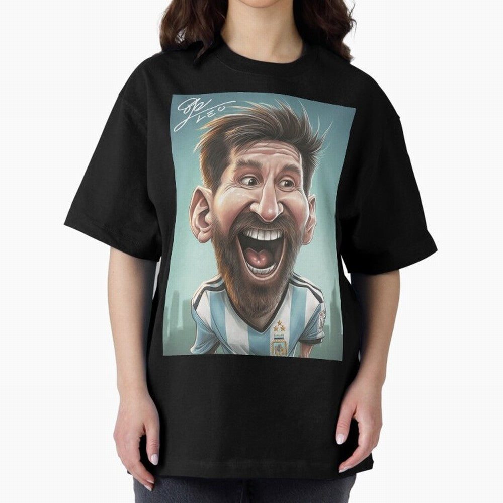 Lionel Messi Caricature Art with Autograph Oversized T-Shirt Turn Up for FIFA World Cup 2026 Spirit, Centered on Argentina, Cristiano Ronaldo, Vintage Soccer Flavor, Modern Football Stars, National Flags and Final Night Emotion; Created for Match