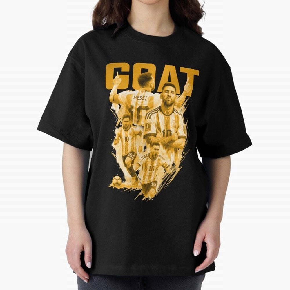 GOLD GOAT Lionel Messi watercolor illustration Oversized T-Shirt Show Match Day Excitement for FIFA World Cup 2026 Group Stage for Fans of Messi, Neymar and Mbappe and Brazil, Portugal and Argentina, Bringing Football History, Final Match Energy,