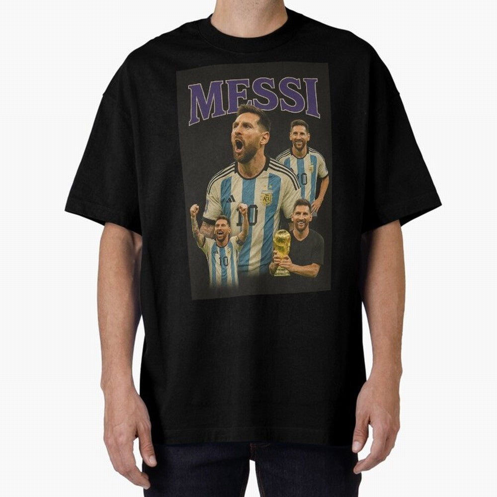 Lionel Messi Retro T-Shirt | 90s Football GOAT Collage Tee Boxy T-Shirt Spotlight Global Football Passion for FIFA World Cup 2026 USA Canada Mexico, with Messi and Cristiano Ronaldo, England, France and Netherlands, Soccer Culture, Superstar