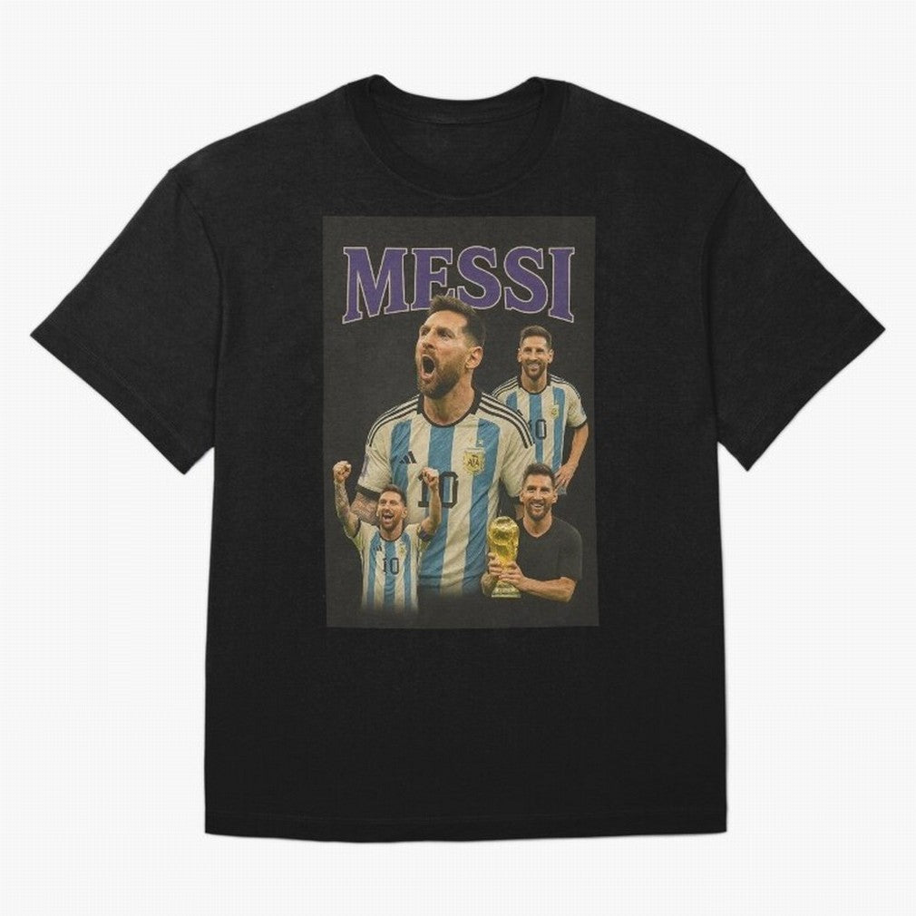 Lionel Messi Retro T-Shirt | 90s Football GOAT Collage Tee Boxy T-Shirt Spotlight Global Football Passion for FIFA World Cup 2026 USA Canada Mexico, with Messi and Cristiano Ronaldo, England, France and Netherlands, Soccer Culture, Superstar