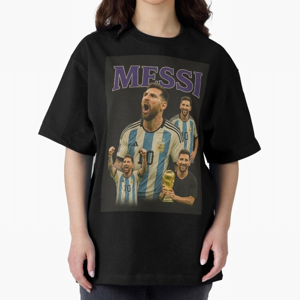 Lionel Messi Retro T-Shirt | 90s Football GOAT Collage Tee Boxy T-Shirt Spotlight Global Football Passion for FIFA World Cup 2026 USA Canada Mexico, with Messi and Cristiano Ronaldo, England, France and Netherlands, Soccer Culture, Superstar