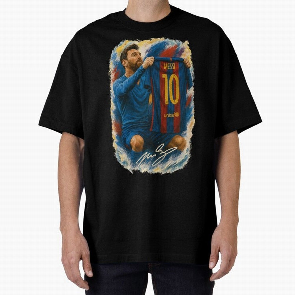 Messi Shirt Celebration Poster ¨C Iconic FC Barcelona Number 10 Artwork Oversized T-Shirt Bring International Match Energy to FIFA World Cup 2026 Group Stage Driven by Messi and Cristiano Ronaldo, Spain and Netherlands Energy, Championship Spirit,