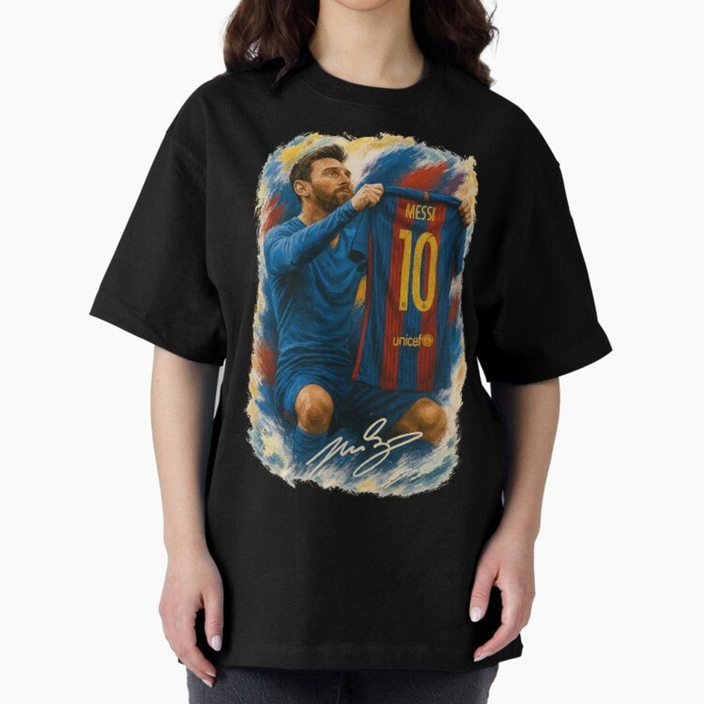 Messi Shirt Celebration Poster ¨C Iconic FC Barcelona Number 10 Artwork Oversized T-Shirt Bring International Match Energy to FIFA World Cup 2026 Group Stage Driven by Messi and Cristiano Ronaldo, Spain and Netherlands Energy, Championship Spirit,