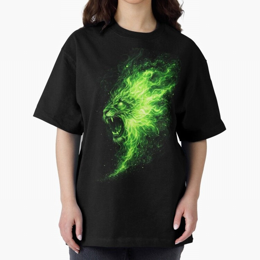 Neon Green Flame Lion ¨C Glowing Fire Roar Beast Graphic | Dark Aesthetic Streetwear Design Graphic T-Shirt Honor Football Greatness during FIFA World Cup 2026 Spirit, Connected to Brazil, Mbappe, Football History, Final Match Energy, Crowd Noise