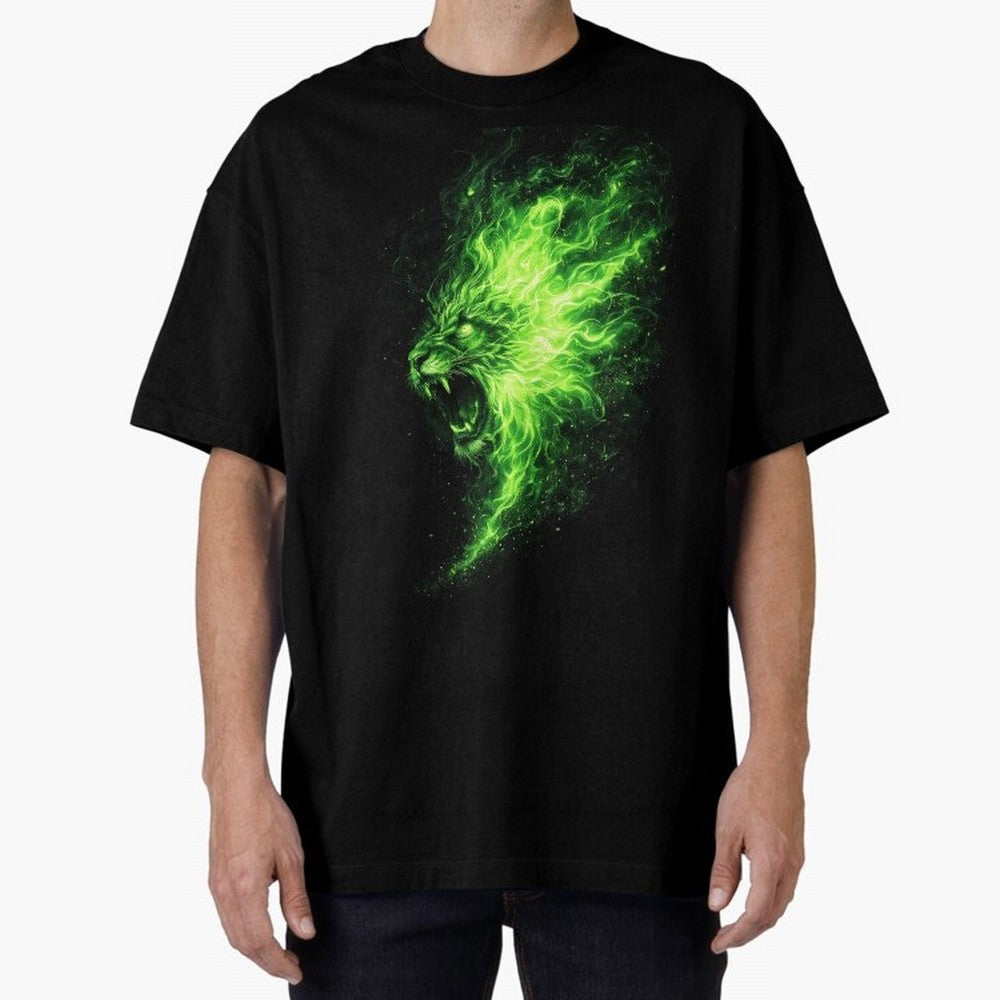 Neon Green Flame Lion ¨C Glowing Fire Roar Beast Graphic | Dark Aesthetic Streetwear Design Graphic T-Shirt Honor Football Greatness during FIFA World Cup 2026 Spirit, Connected to Brazil, Mbappe, Football History, Final Match Energy, Crowd Noise