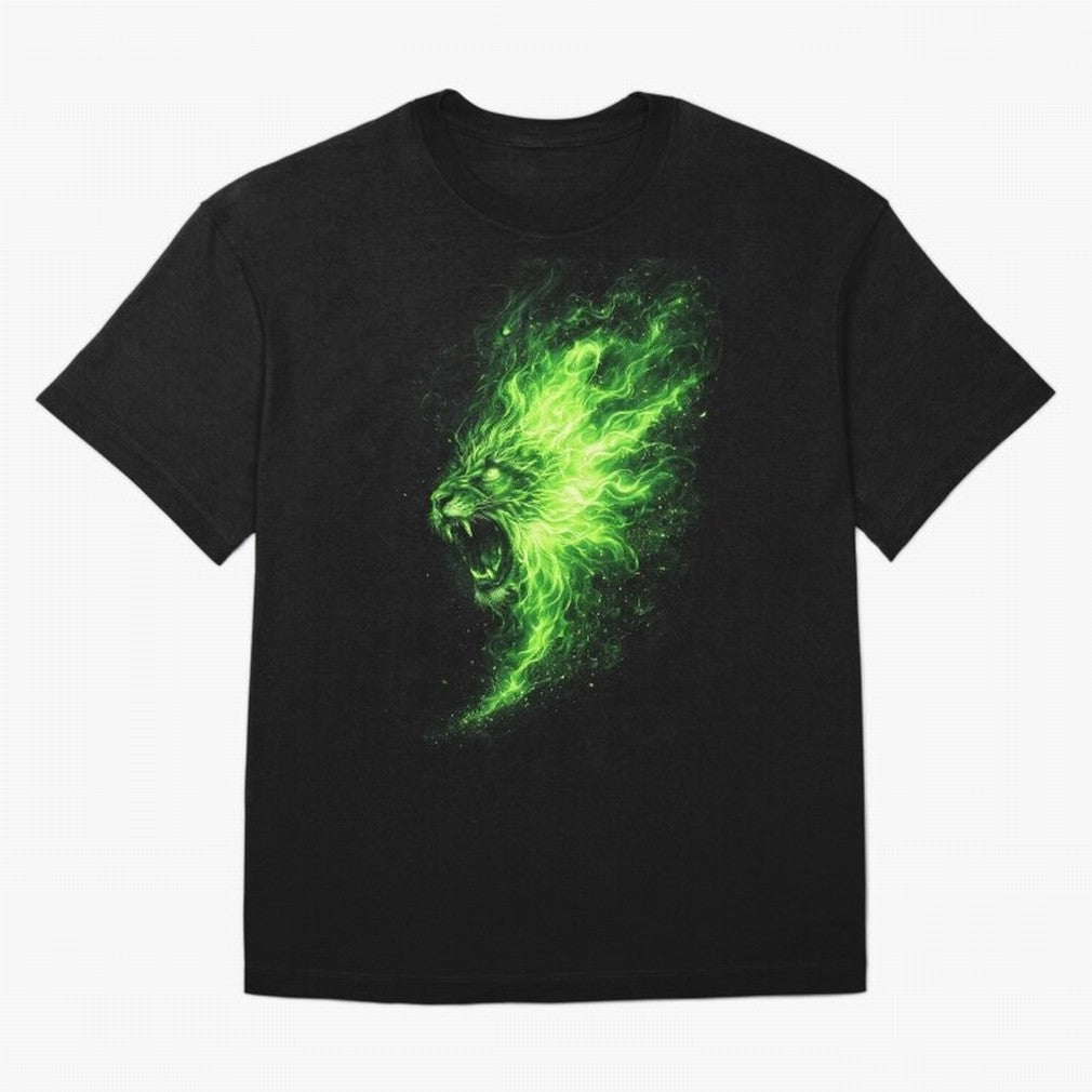 Neon Green Flame Lion ¨C Glowing Fire Roar Beast Graphic | Dark Aesthetic Streetwear Design Graphic T-Shirt Honor Football Greatness during FIFA World Cup 2026 Spirit, Connected to Brazil, Mbappe, Football History, Final Match Energy, Crowd Noise