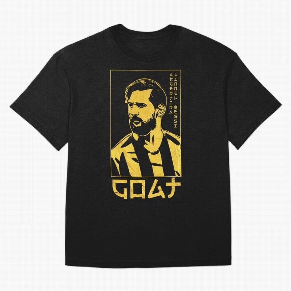 Lionel Messi Golden Style Portrait art illustration Premium T-Shirt Celebrate Global Passion for FIFA World Cup 2026 Group Stage for Fans of Neymar, Haaland and Cristiano Ronaldo and Portugal, Spain and Germany, Bringing Football Festival