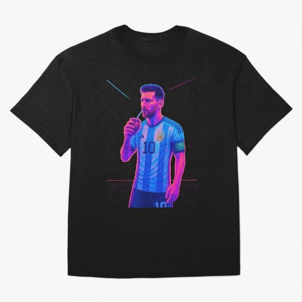 Messi The Goat Art Neon Synthwave Cyberpunk ¨C Retro Futuristic Classic T-Shirt Show Match Day Excitement for FIFA World Cup 2026 USA Canada Mexico Spirit, Centered on Netherlands, Haaland, Stadium Memories, Football Loyalty, International Chants
