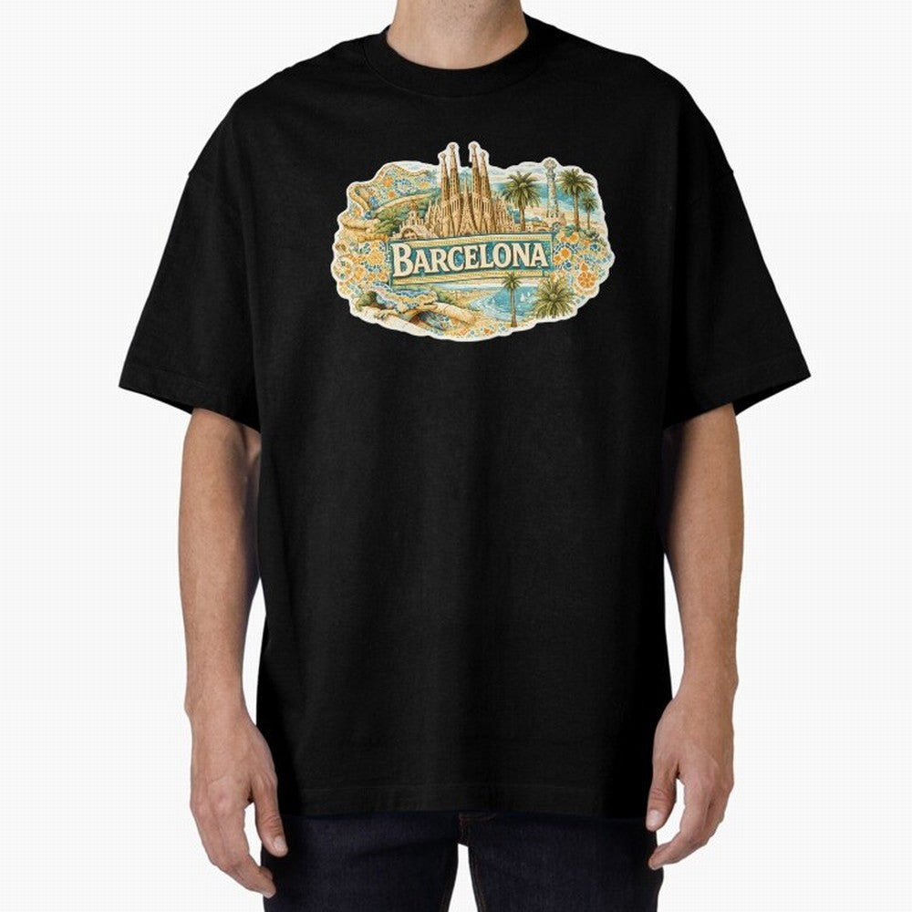 Barcelona Souvenir Sagrada Familia and Mosaic Design Oversized T-Shirt Elevate FIFA World Cup 2026 Capturing Cristiano Ronaldo, Haaland and CR7, Argentina, France and Brazil Energy, Championship Spirit, Famous Goals, Roaring Crowds and