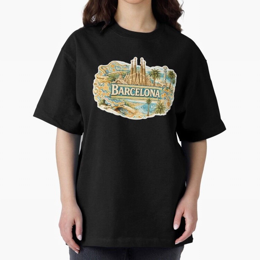 Barcelona Souvenir Sagrada Familia and Mosaic Design Oversized T-Shirt Elevate FIFA World Cup 2026 Capturing Cristiano Ronaldo, Haaland and CR7, Argentina, France and Brazil Energy, Championship Spirit, Famous Goals, Roaring Crowds and