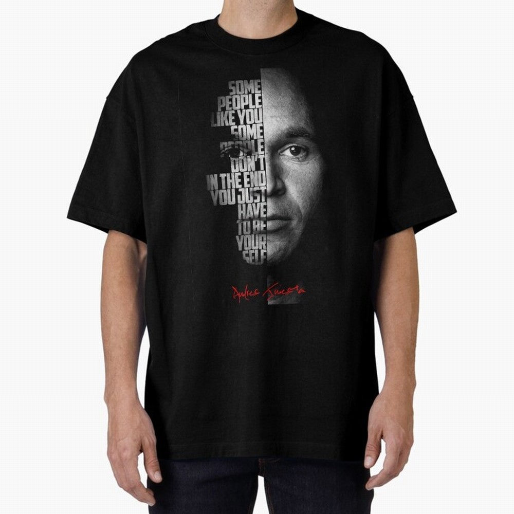 Black and white Andres Iniesta Quote. Oversized T-Shirt Show Your Tournament Heart for FIFA World Cup 2026 USA Canada Mexico for Fans of Messi and Spain, Bringing Football Passion, Legendary Performances, Festival Vibes and Supporter Community;