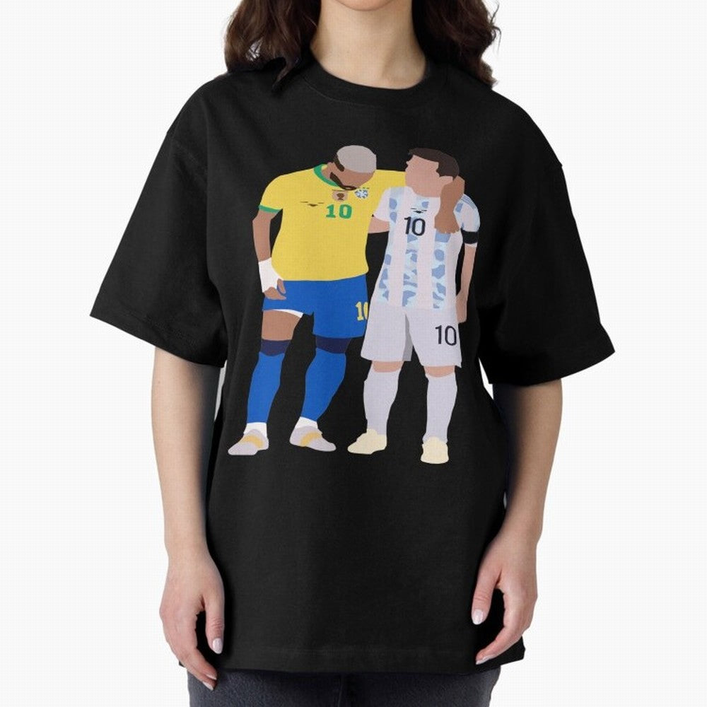 Messi and Neymar Copa America Friends Oversized T-Shirt Honor Football Greatness during FIFA World Cup 2026 Group Stage Spirit, Celebrating Netherlands, CR7, Vintage Soccer Flavor, Modern Football Stars, National Flags and Final Night Emotion;