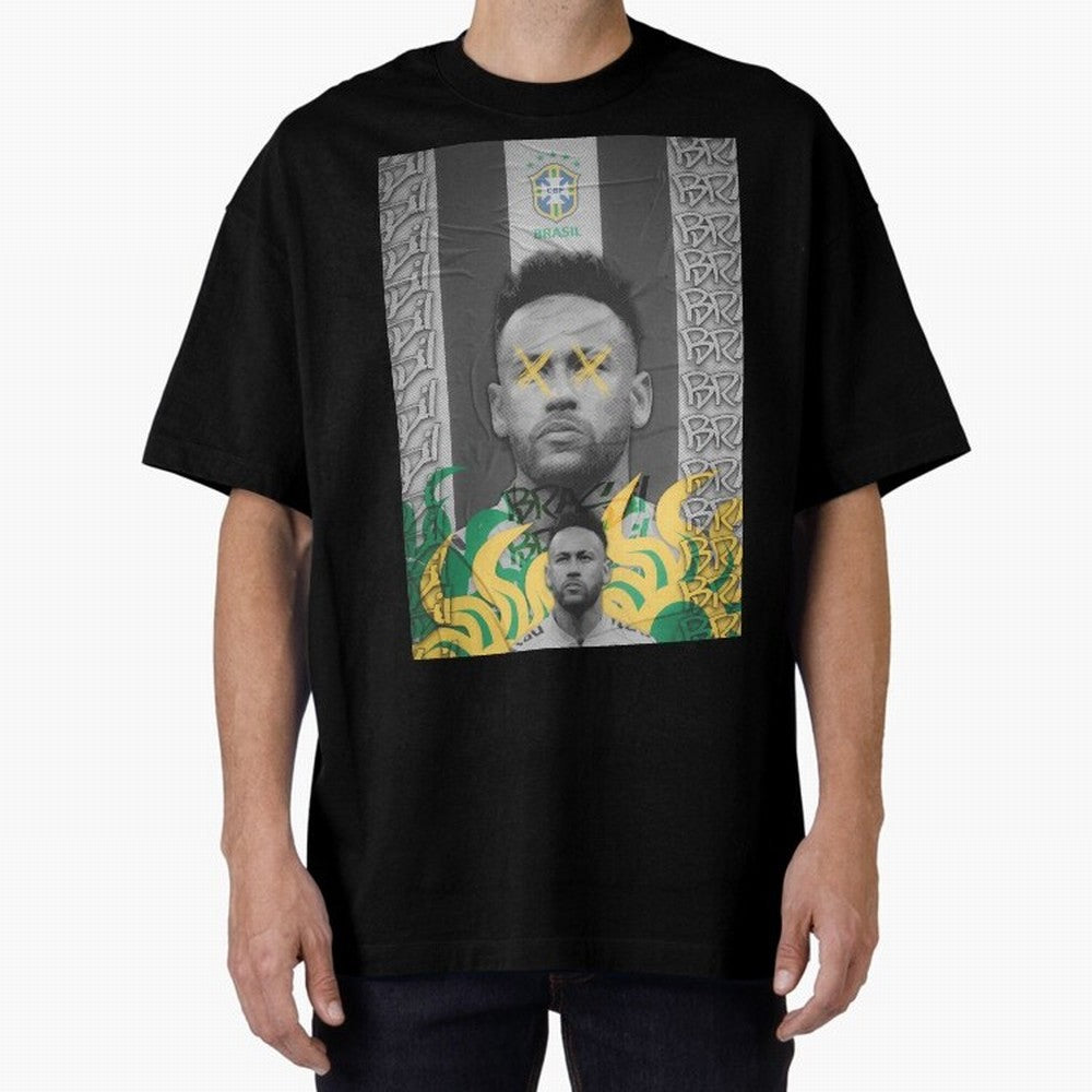 Brazil Football Star Grunge Poster Oversized T-Shirt Support FIFA World Cup 2026 Group Stage for Fans of Messi and Cristiano Ronaldo and Brazil, Bringing Championship Spirit, Famous Goals, Roaring Crowds and International Football Unity; Ideal for