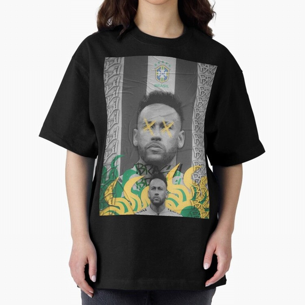 Brazil Football Star Grunge Poster Oversized T-Shirt Support FIFA World Cup 2026 Group Stage for Fans of Messi and Cristiano Ronaldo and Brazil, Bringing Championship Spirit, Famous Goals, Roaring Crowds and International Football Unity; Ideal for