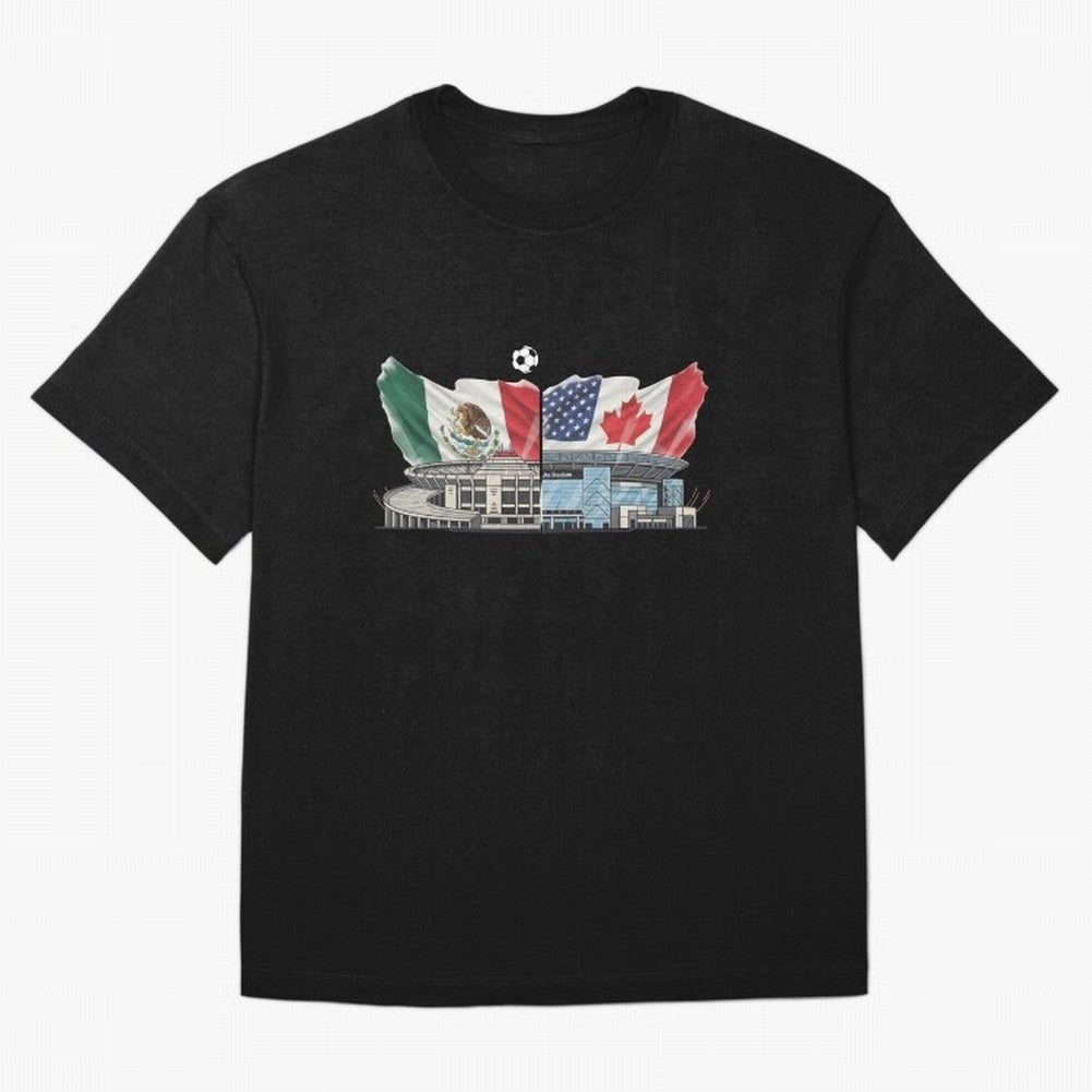 2026 World Cup Opening & Final ¨C Azteca Stadium Mexico & MetLife Stadium USA ¨C Football Design with Mexican, Canadian & US Flags Classic T-Shirt Experience the Global Stage of FIFA World Cup 2026 for Fans of Mbappe and Neymar and Portugal, Spain
