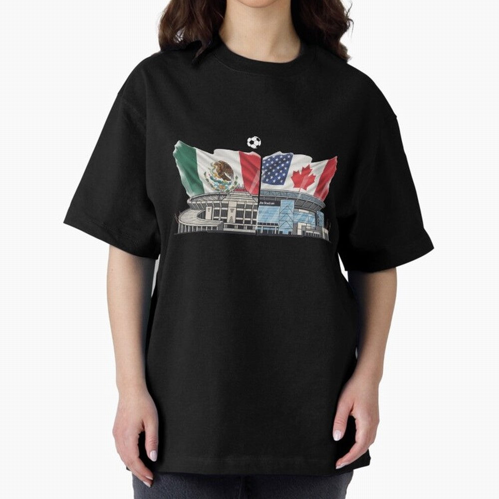 2026 World Cup Opening & Final ¨C Azteca Stadium Mexico & MetLife Stadium USA ¨C Football Design with Mexican, Canadian & US Flags Classic T-Shirt Experience the Global Stage of FIFA World Cup 2026 for Fans of Mbappe and Neymar and Portugal, Spain