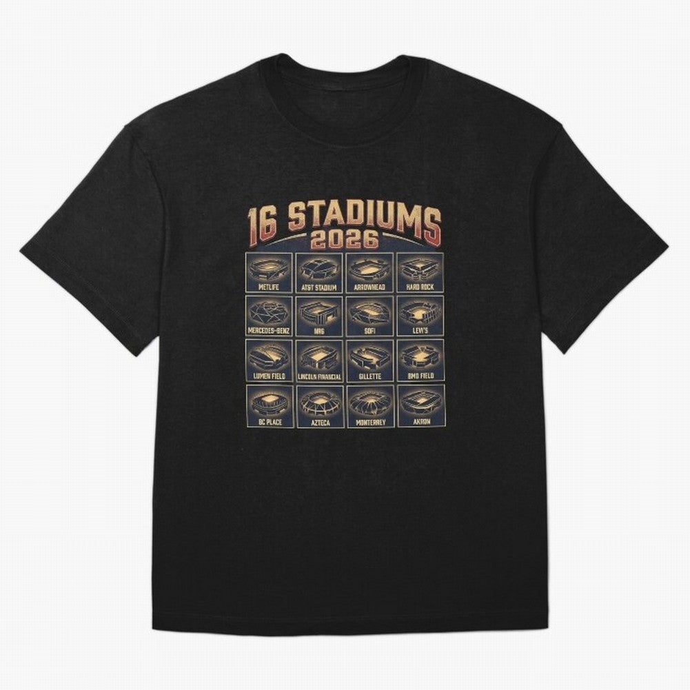 Sixteen Stadiums for 2026 World Cup Classic T-Shirt Capture FIFA World Cup 2026 with Messi and Cristiano Ronaldo, Portugal, Spain and Germany Energy, Football History, Final Match Energy, Crowd Noise and Once in a Lifetime Moments; Great for