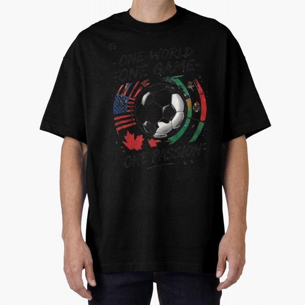 One World One Game Football Graphic Tee Classic T-Shirt Feel Global Football Passion for FIFA World Cup 2026 USA Canada Mexico, Featuring CR7 and Messi, France and Portugal, Football Festival Excitement, Trophy Ambitions, Country Rivalries and Star