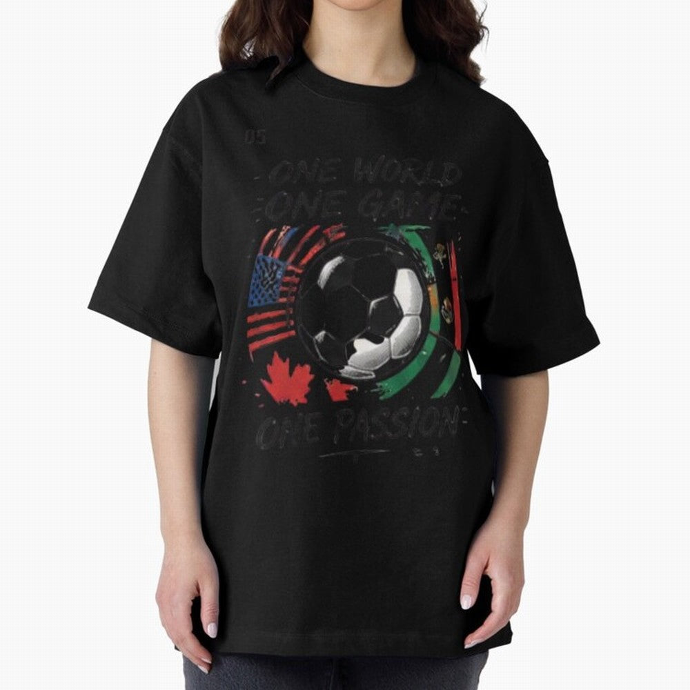 One World One Game Football Graphic Tee Classic T-Shirt Feel Global Football Passion for FIFA World Cup 2026 USA Canada Mexico, Featuring CR7 and Messi, France and Portugal, Football Festival Excitement, Trophy Ambitions, Country Rivalries and Star