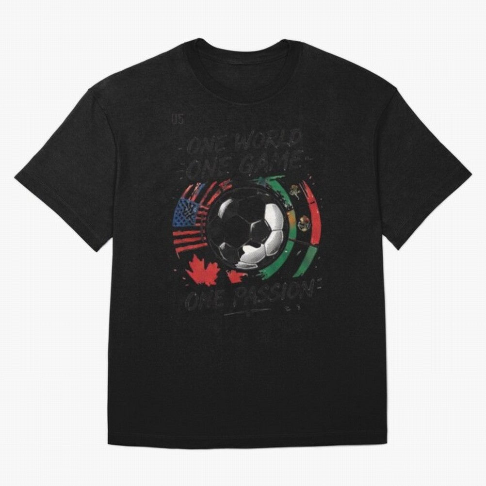 One World One Game Football Graphic Tee Classic T-Shirt Feel Global Football Passion for FIFA World Cup 2026 USA Canada Mexico, Featuring CR7 and Messi, France and Portugal, Football Festival Excitement, Trophy Ambitions, Country Rivalries and Star