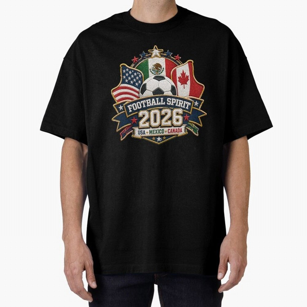 Football Spirit 2026 USA Mexico Canada Patch Design Classic T-Shirt Carry the Colors and Pride of Global Football Passion for FIFA World Cup 2026, Celebrating Messi, Brazil, Portugal and Argentina, Vintage Soccer Flavor, Modern Football Stars,