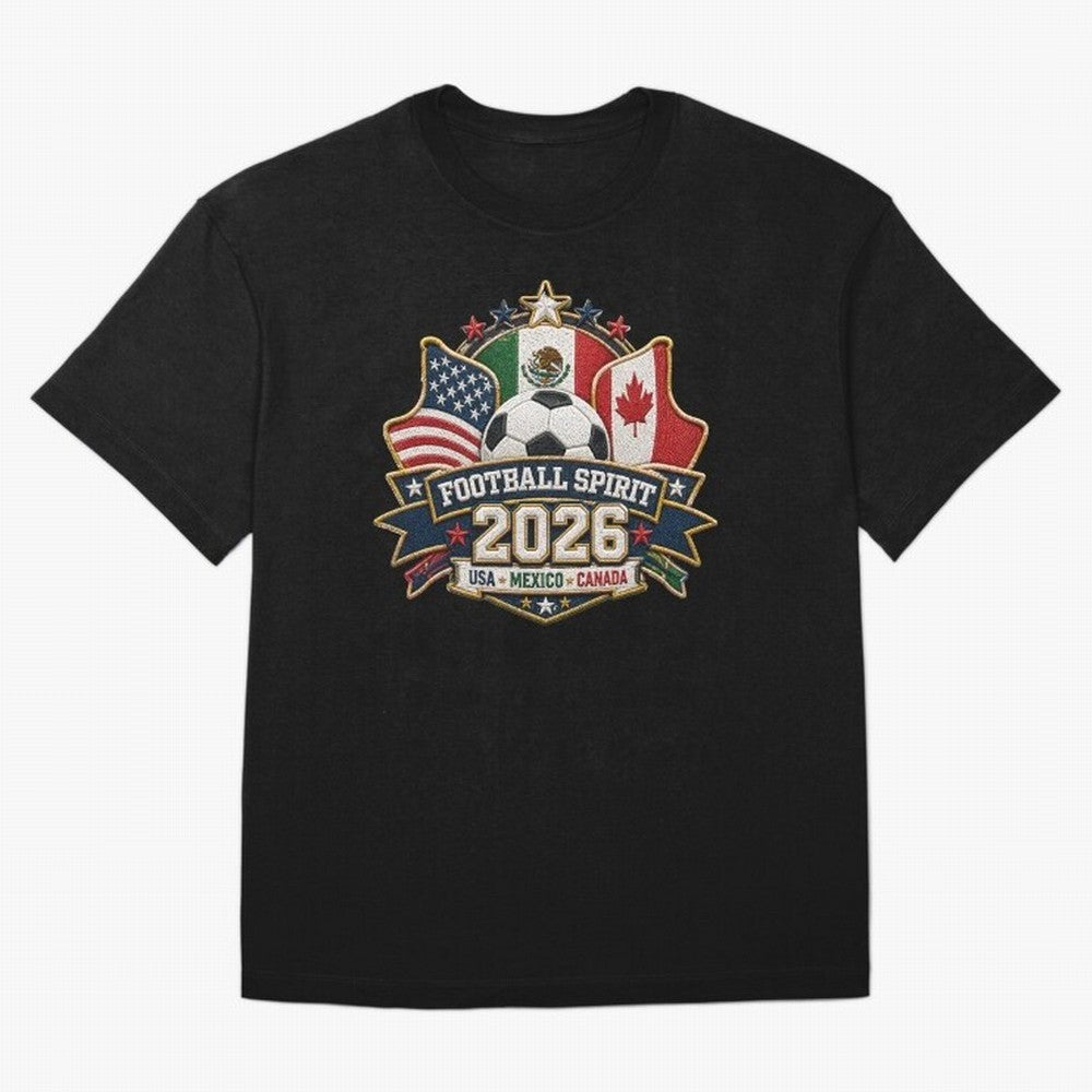 Football Spirit 2026 USA Mexico Canada Patch Design Classic T-Shirt Carry the Colors and Pride of Global Football Passion for FIFA World Cup 2026, Celebrating Messi, Brazil, Portugal and Argentina, Vintage Soccer Flavor, Modern Football Stars,