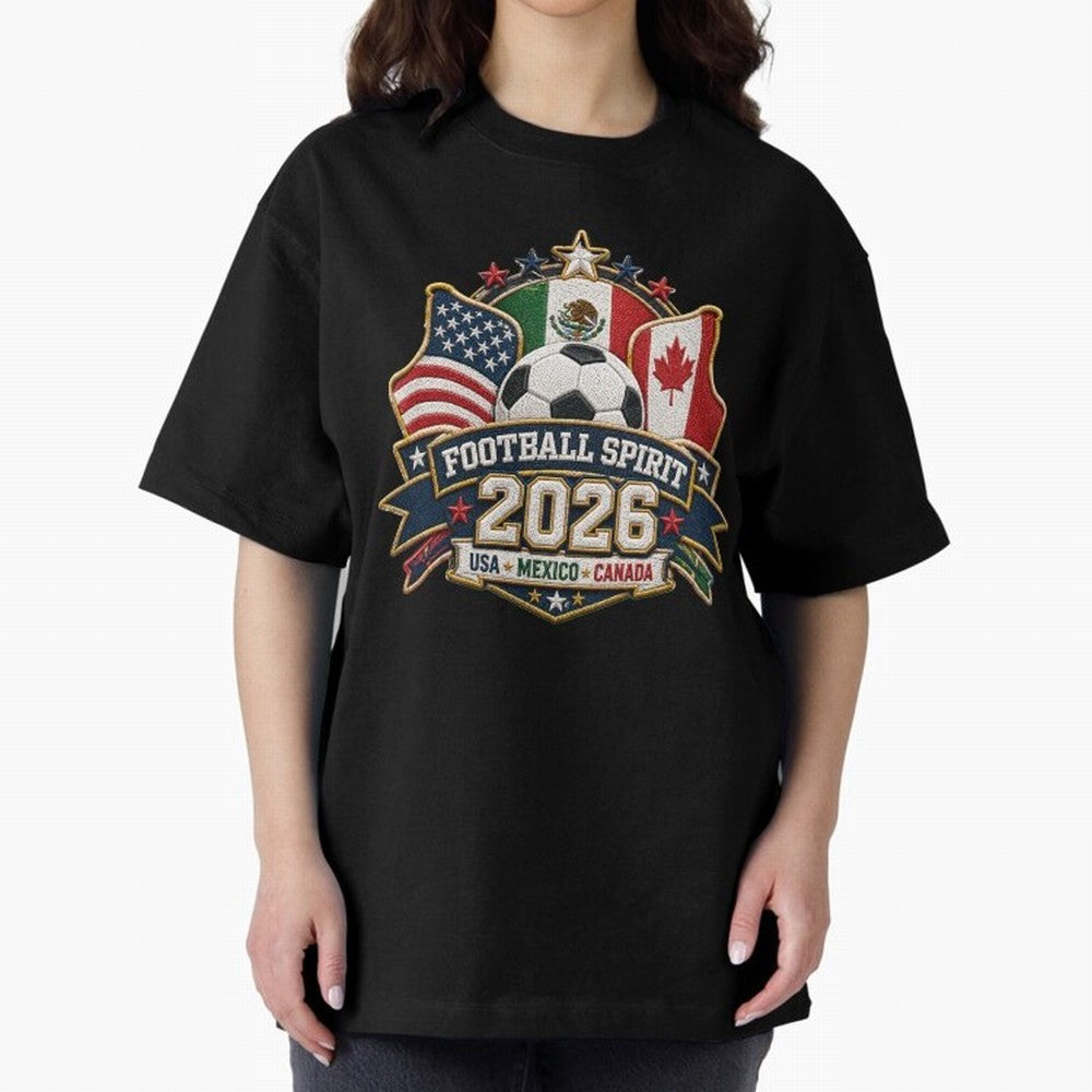 Football Spirit 2026 USA Mexico Canada Patch Design Classic T-Shirt Carry the Colors and Pride of Global Football Passion for FIFA World Cup 2026, Celebrating Messi, Brazil, Portugal and Argentina, Vintage Soccer Flavor, Modern Football Stars,